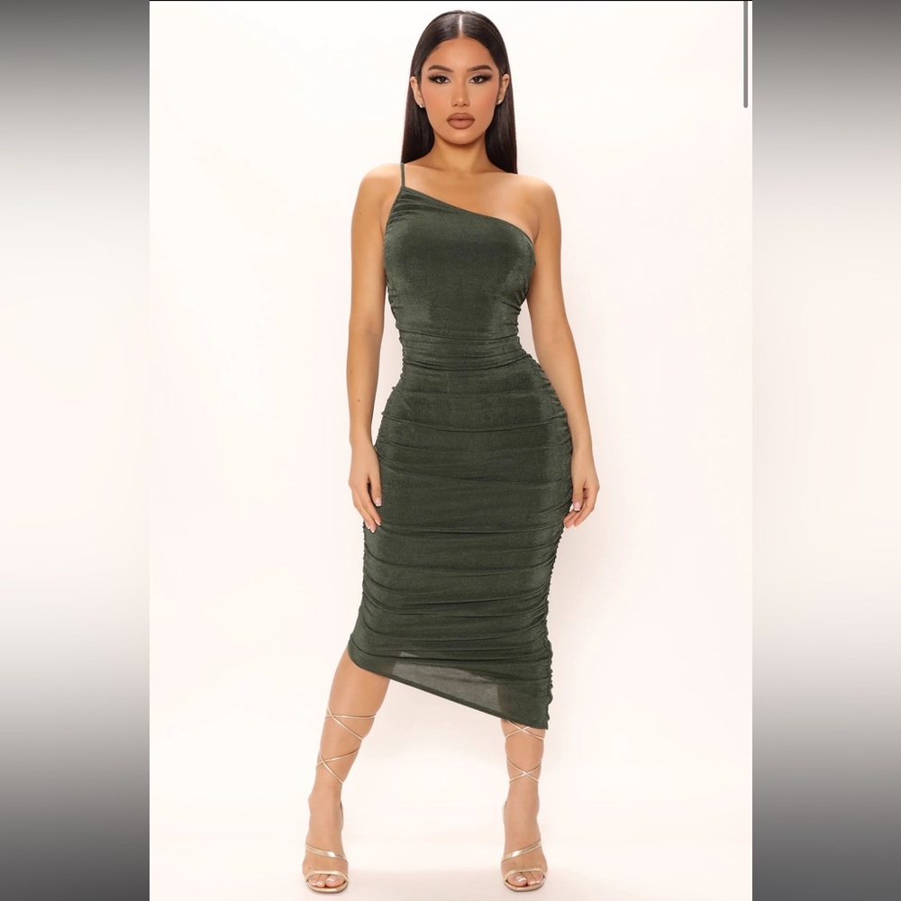 Hunter Green One Shoulder Ruched Midi Dress